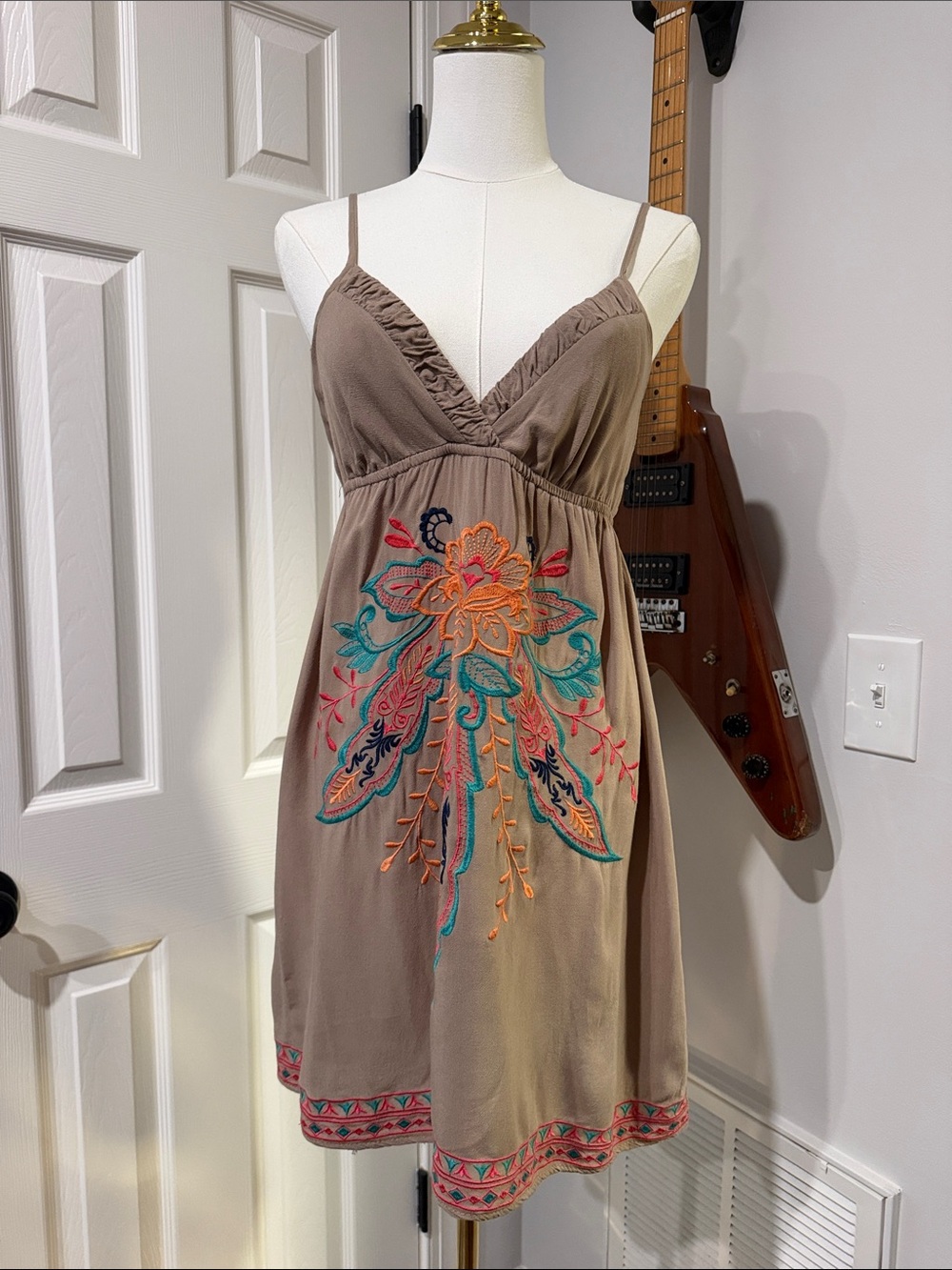 Embroidered Taupe Spaghetti-Strap Dress